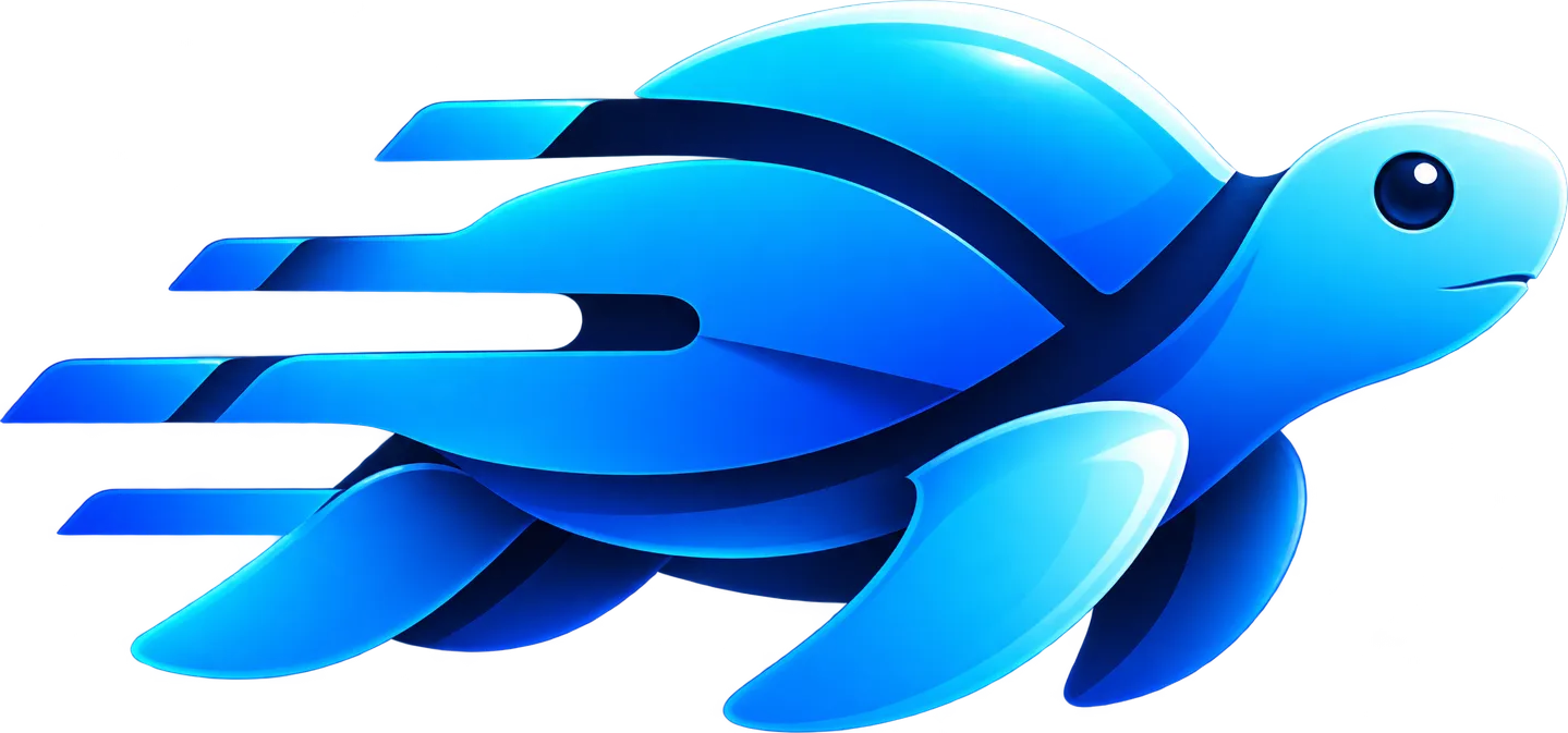 A blue sea turtle with speed streaks trailing behind it, the Turtle Flow logo